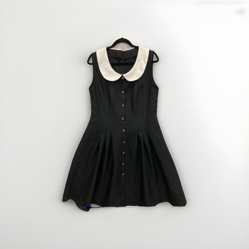 Cider Tweed White Collar Black Dress Buttons Ruffle Hem Midi Sz XL Fit And Flare - Picture 2 of 15
